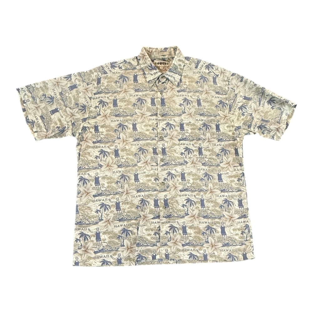 Campia Moda Hawaiian Shirt Mens Large Blue Tan Cotton Surf Palm Aloha Vacation